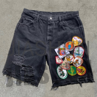 Distressed Acid Wash Y2K Denim Shorts with Patch Embroidery