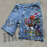 Distressed Acid Wash Y2K Denim Shorts with Patch Embroidery