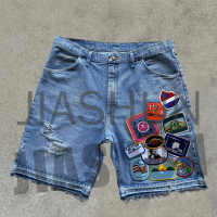 Distressed Acid Wash Y2K Denim Shorts with Patch Embroidery