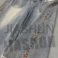 Vintage Acid Wash Baggy Cargo Carpenter Jeans Rhinestone