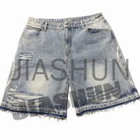 Distressed Acid Wash Graphic Regular Denim Shorts with Embroidery