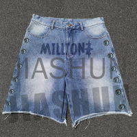 Blue Distressed Wash Denim Shorts with Screen Printing