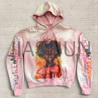 Acid Wash Distressed Hoodie with Embroidery and DTG Print