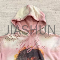 Acid Wash Distressed Hoodie with Embroidery and DTG Print