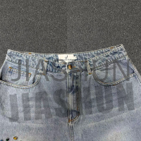 Acid-Washed Loose Denim Shorts with Rhinestones and Patch Embroidery