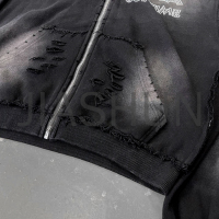 Acid Wash Distressed Zip-Up Hoodie with DTG Print