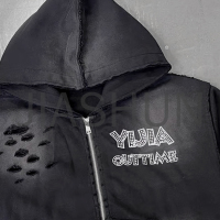 Acid Wash Distressed Zip-Up Hoodie with DTG Print