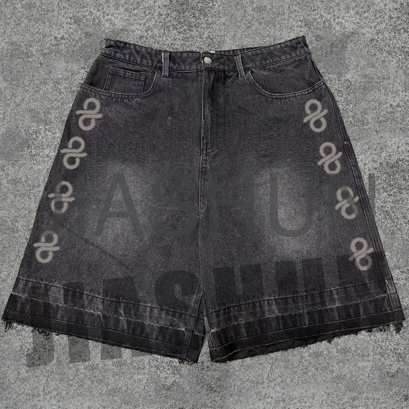 Black Vintage Acid Wash Distressed Oversized Denim Shorts