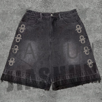 Black Vintage Acid Wash Distressed Oversized Denim Shorts