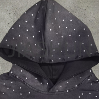 Acid-Washed Applique Embroidered Rhinestone Hoodie