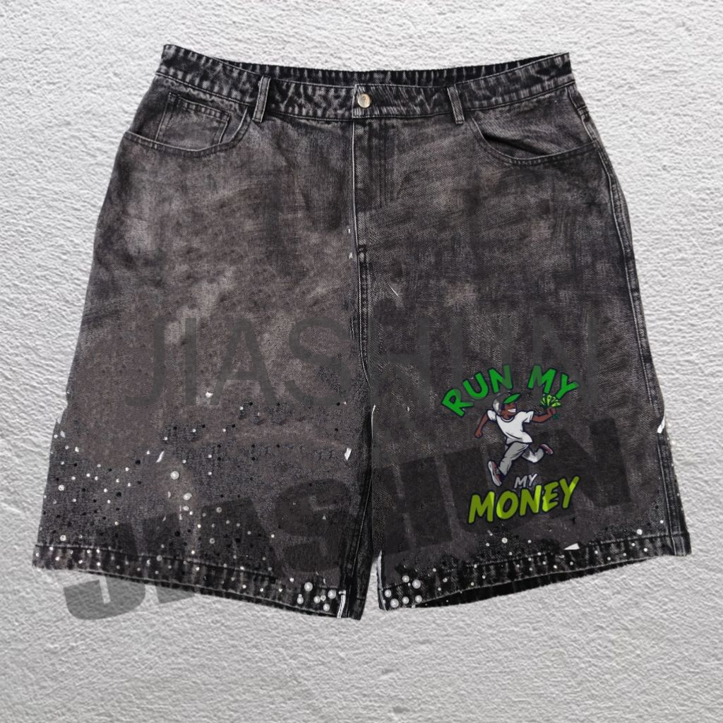 Vintage Acid Wash Cotton Rhinestone Logo Shorts