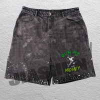 Vintage Acid Wash Cotton Rhinestone Logo Shorts