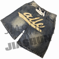 Acid Wash Distressed Embroidery Patch Denim Shorts