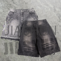 Straight Leg Denim Shorts with Rhinestone Patch Embroidery