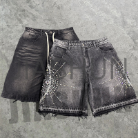 Straight Leg Denim Shorts with Rhinestone Patch Embroidery