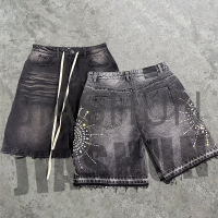 Straight Leg Denim Shorts with Rhinestone Patch Embroidery