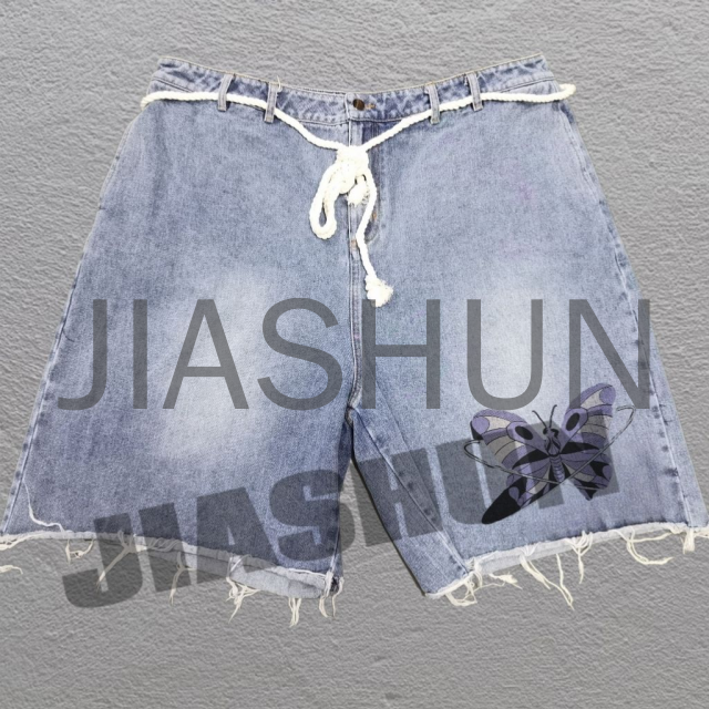 Acid Wash Distressed Embroidered Patchwork Jean Shorts