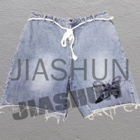 Acid Wash Distressed Embroidered Patchwork Jean Shorts