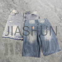 Acid Wash Distressed Embroidered Patchwork Jean Shorts