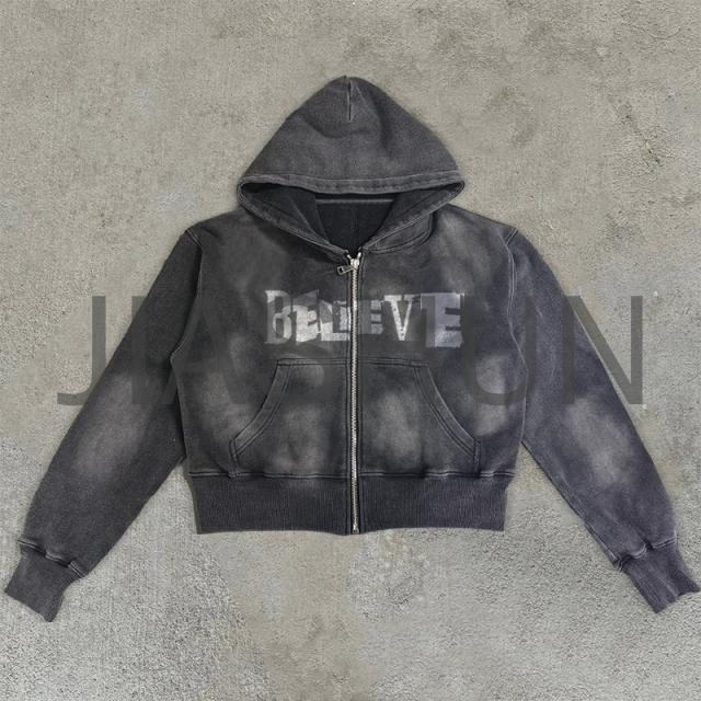 Acid Wash Vintage Oversized Square Zip Hoodie