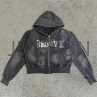 Acid Wash Zip-Up Hoodie with Logo Print