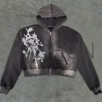 Acid Wash Zip-Up Hoodie with Logo Print
