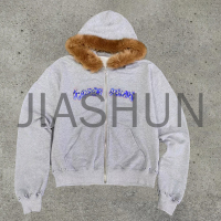 Solid Heavyweight Cotton Boxy Zip-Up Hoodie with Distressed Faux Fur