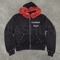 Solid Heavyweight Cotton Boxy Zip-Up Hoodie with Distressed Faux Fur