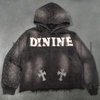 Acid Wash Distressed French Terry Cropped Hoodie with Applique Patch