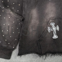 Acid Wash Distressed French Terry Cropped Hoodie with Applique Patch