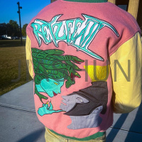 Pink Baseball Jacket with Embroidered Patch and Leather Buttons