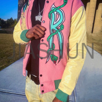 Pink Baseball Jacket with Embroidered Patch and Leather Buttons