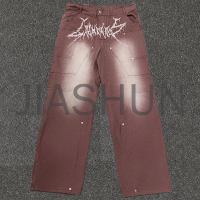 Acid Wash Baggy Wide Leg Jeans with Embroidery