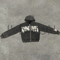 Acid Wash Distressed Cotton Zip-Up Hoodie with Logo Embroidery
