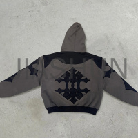 450gsm Vintage Acid Wash Distressed Zip-Up Hoodie with Embroidery