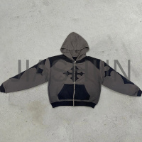 450gsm Vintage Acid Wash Distressed Zip-Up Hoodie with Embroidery