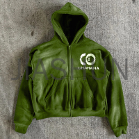 Acid Wash Oversized Zip-Up Hoodie with DTG Print