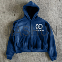 Acid Wash Oversized Zip-Up Hoodie with DTG Print