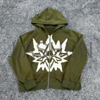 Vintage Acid Wash Zip-Up Hoodie with Distressed Embroidery Patch
