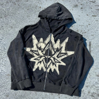 Vintage Acid Wash Zip-Up Hoodie with Distressed Embroidery Patch