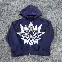 Vintage Acid Wash Zip-Up Hoodie with Distressed Embroidery Patch