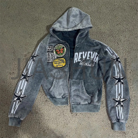 Vintage Washed Zip Hoodie with Patch Embroidery