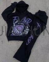 Cotton French Terry Flared Tracksuit Set with Print