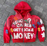 Acid Wash 3D Puff Print Rhinestone Zip-Up Cropped Hoodie