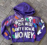 Acid Wash 3D Puff Print Rhinestone Zip-Up Cropped Hoodie