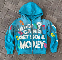 Acid Wash 3D Puff Print Rhinestone Zip-Up Cropped Hoodie