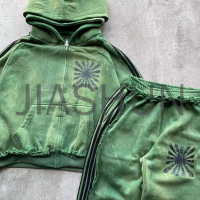 Vintage Sun Fade Acid Wash Distressed Zip-Up Hoodie Set