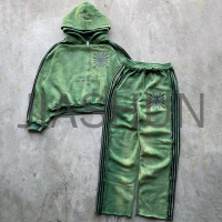 Vintage Sun Fade Acid Wash Distressed Zip-Up Hoodie Set