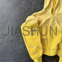 Rhinestone Distressed Acid Wash French Terry Zip-Up Hoodie