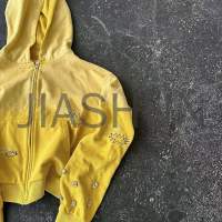Rhinestone Distressed Acid Wash French Terry Zip-Up Hoodie